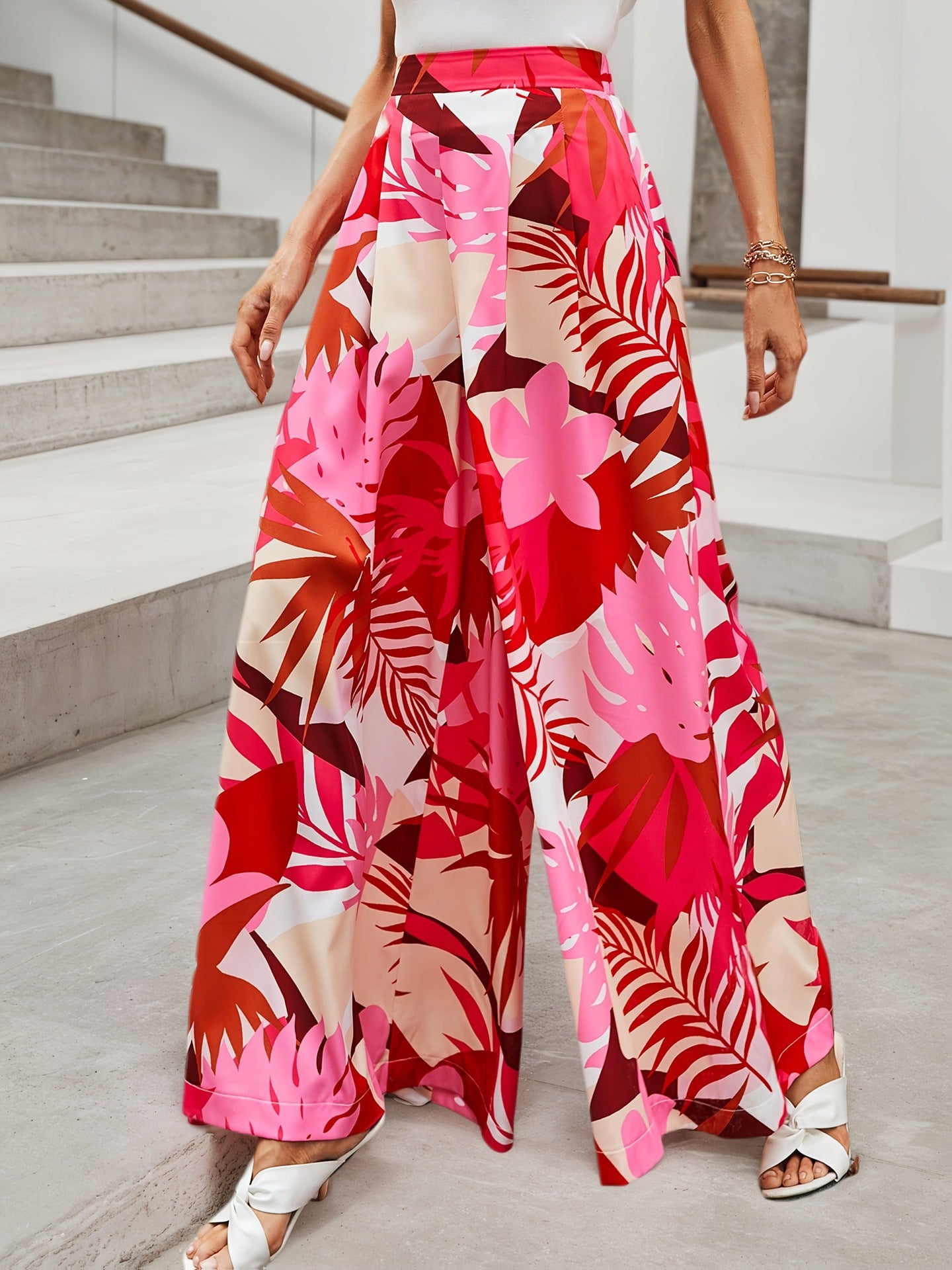 Tropical Print Wide-Leg Pants with High Elastic Waist