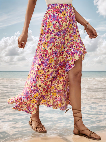 Floral Wrap Midi Skirt with Ruffled High-Low Hem