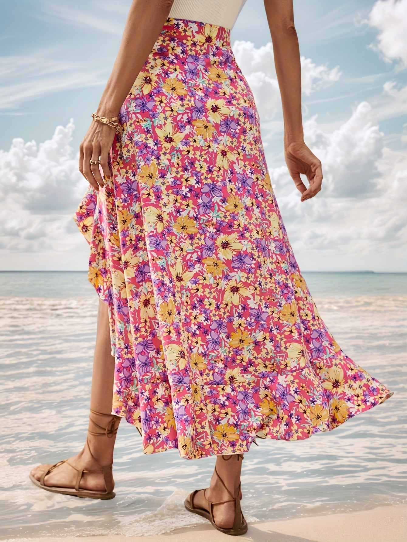 Floral Wrap Midi Skirt with Ruffled High-Low Hem