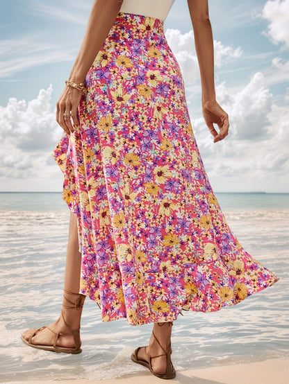 Floral Wrap Midi Skirt with Ruffled High-Low Hem