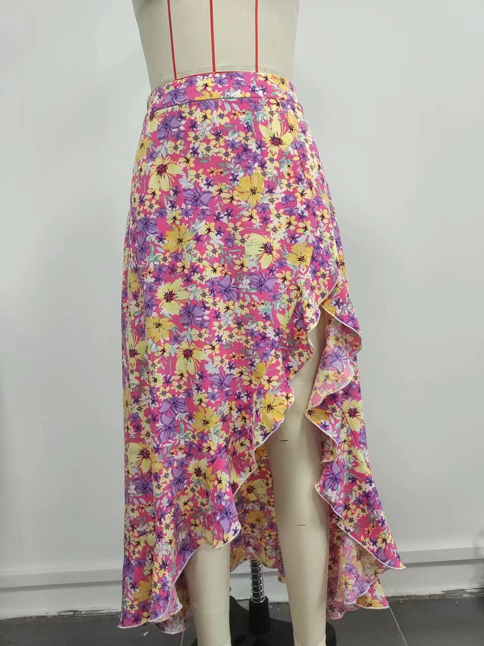 Floral Wrap Midi Skirt with Ruffled High-Low Hem