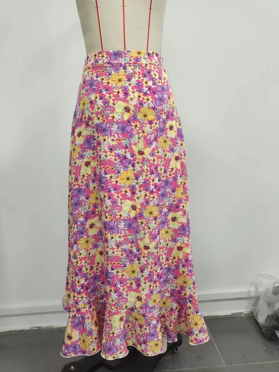 Floral Wrap Midi Skirt with Ruffled High-Low Hem