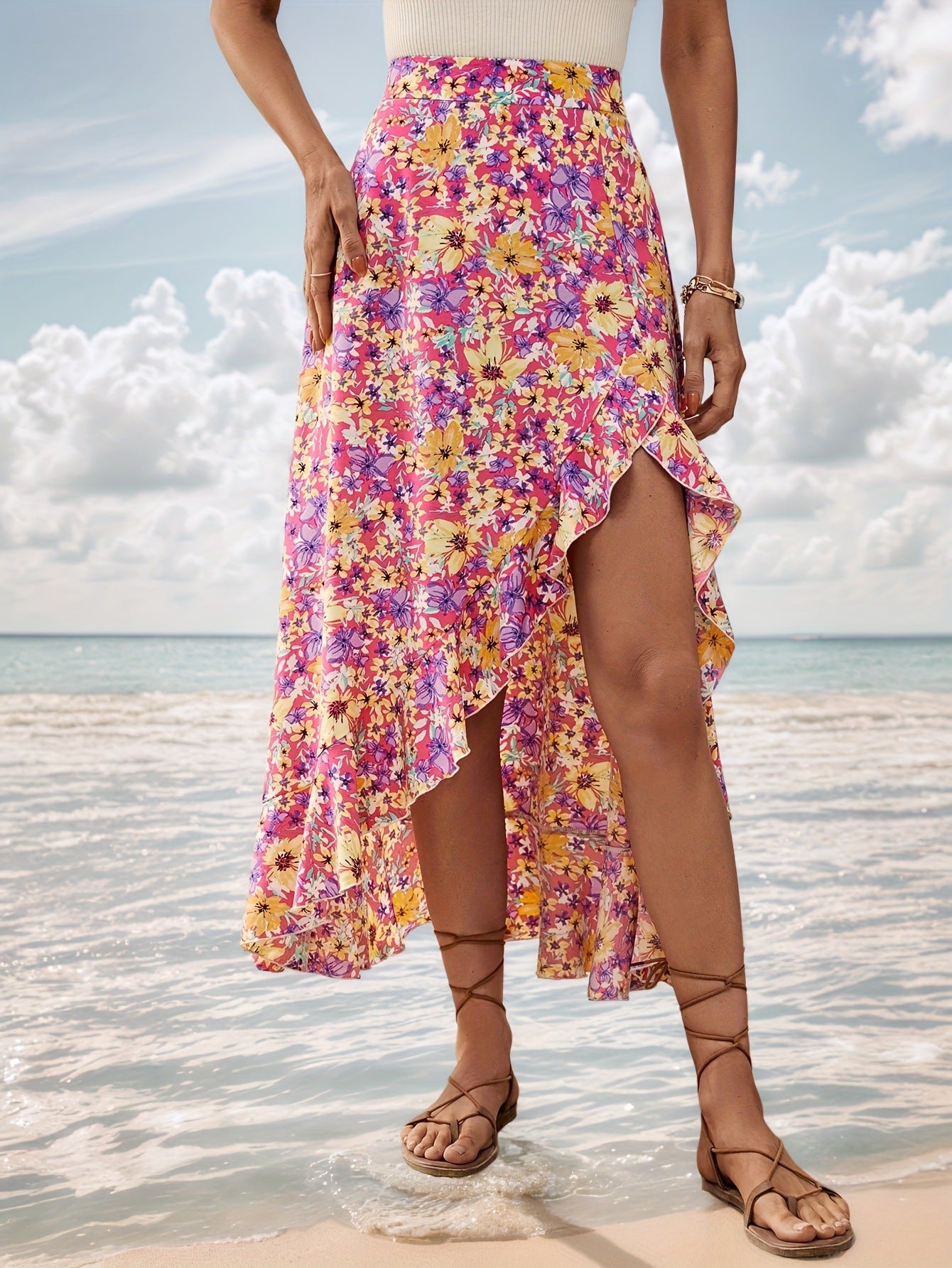 Floral Wrap Midi Skirt with Ruffled High-Low Hem