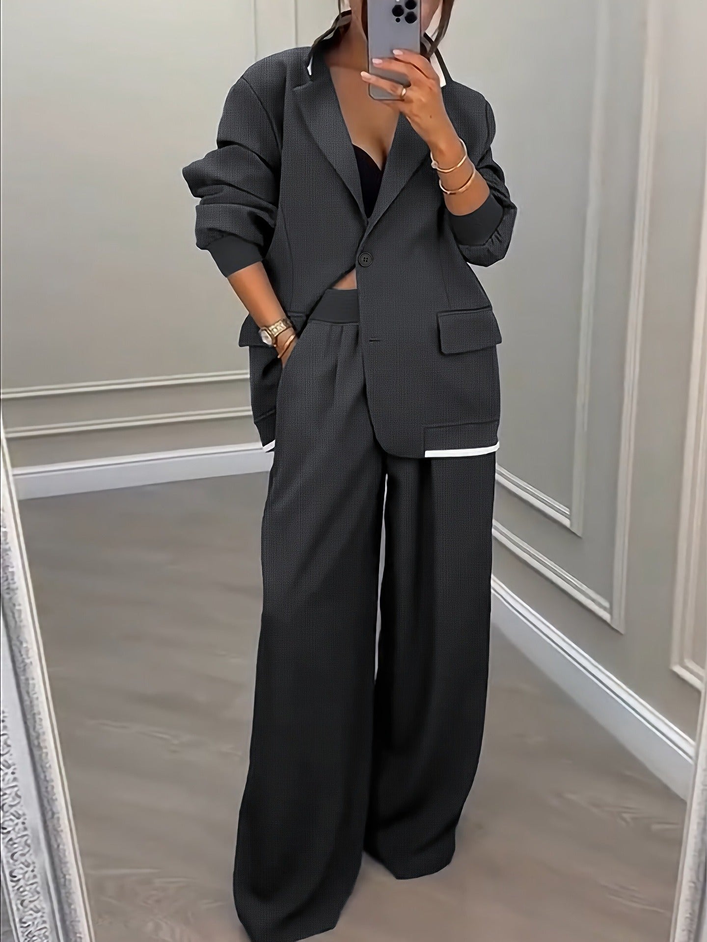 Oversized Blazer and Wide-Leg Trousers Suit Set with Contrast Trim