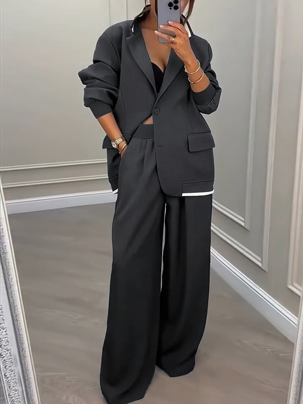Oversized Blazer and Wide-Leg Trousers Suit Set with Contrast Trim