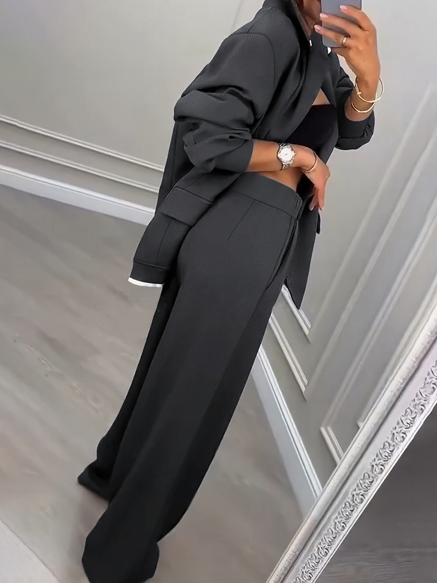 Oversized Blazer and Wide-Leg Trousers Suit Set with Contrast Trim