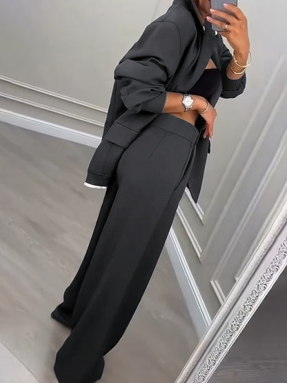 Oversized Blazer and Wide-Leg Trousers Suit Set with Contrast Trim