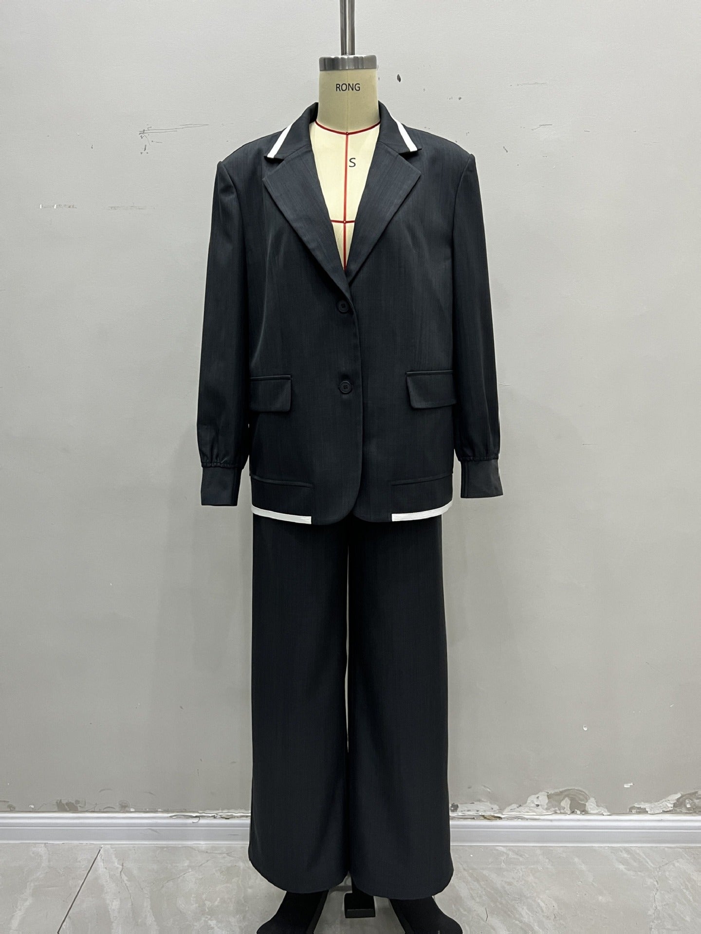 Oversized Blazer and Wide-Leg Trousers Suit Set with Contrast Trim