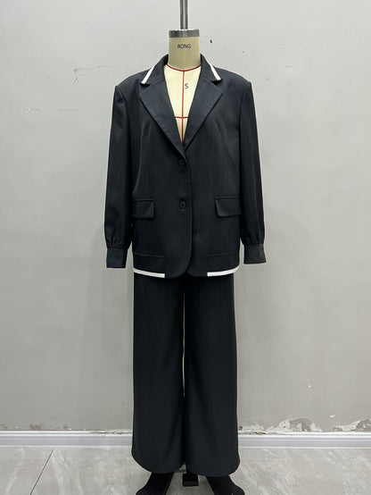 Oversized Blazer and Wide-Leg Trousers Suit Set with Contrast Trim