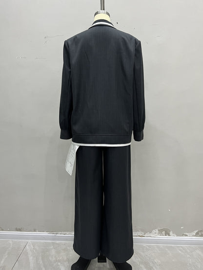 Oversized Blazer and Wide-Leg Trousers Suit Set with Contrast Trim