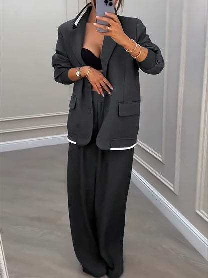 Oversized Blazer and Wide-Leg Trousers Suit Set with Contrast Trim