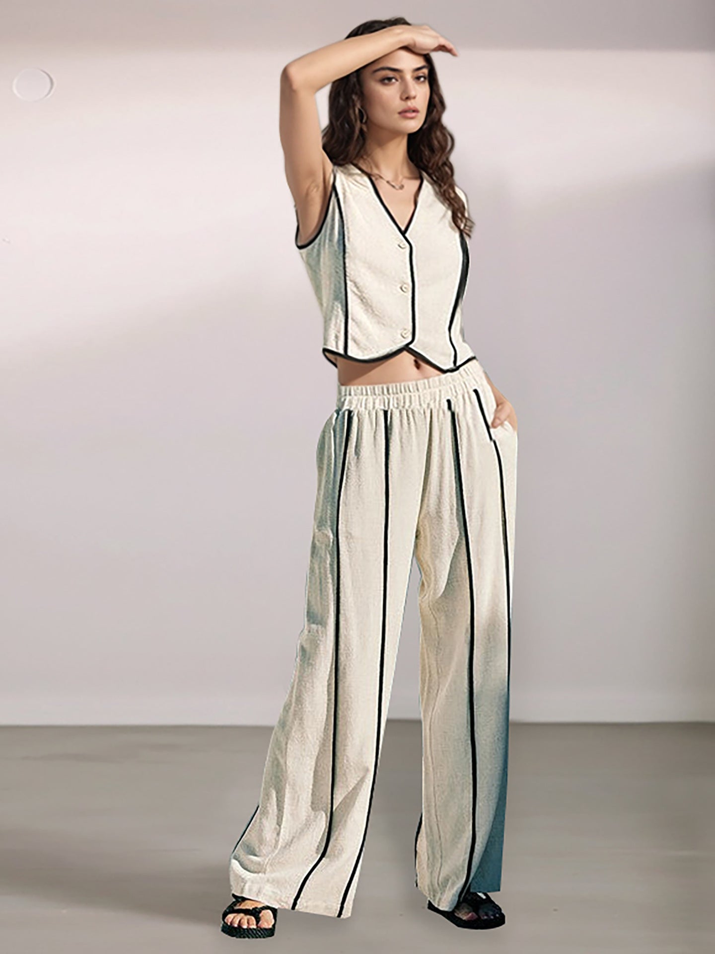 Contrast-Piped Cropped Vest & Wide-Leg Pants Set