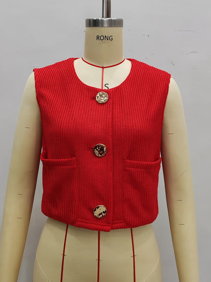 Slim Fit Cropped Knit Vest with Button Front and Crew Neck