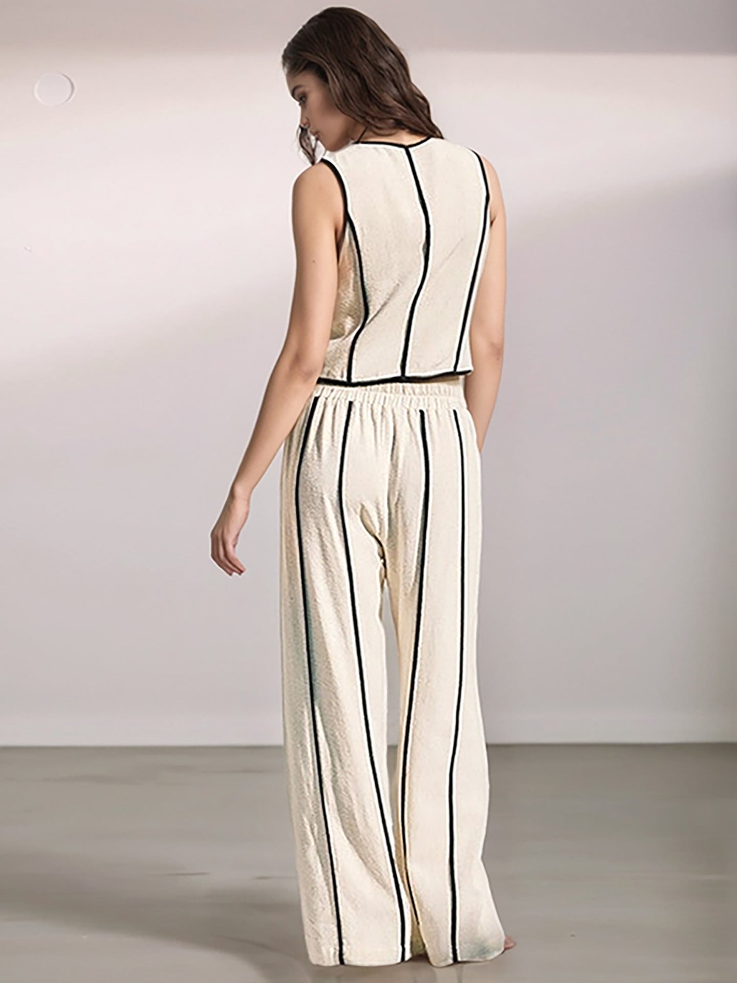 Contrast-Piped Cropped Vest & Wide-Leg Pants Set