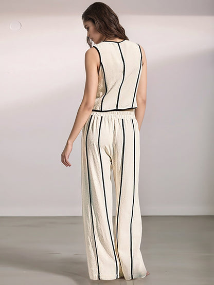 Contrast-Piped Cropped Vest & Wide-Leg Pants Set