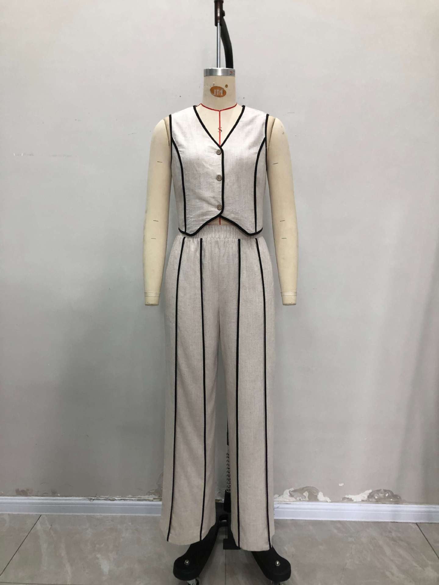 Contrast-Piped Cropped Vest & Wide-Leg Pants Set