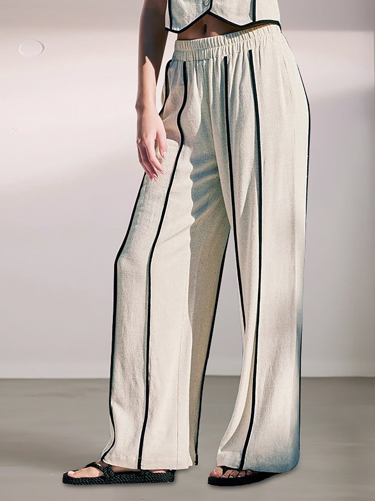 Contrast-Piped Cropped Vest & Wide-Leg Pants Set