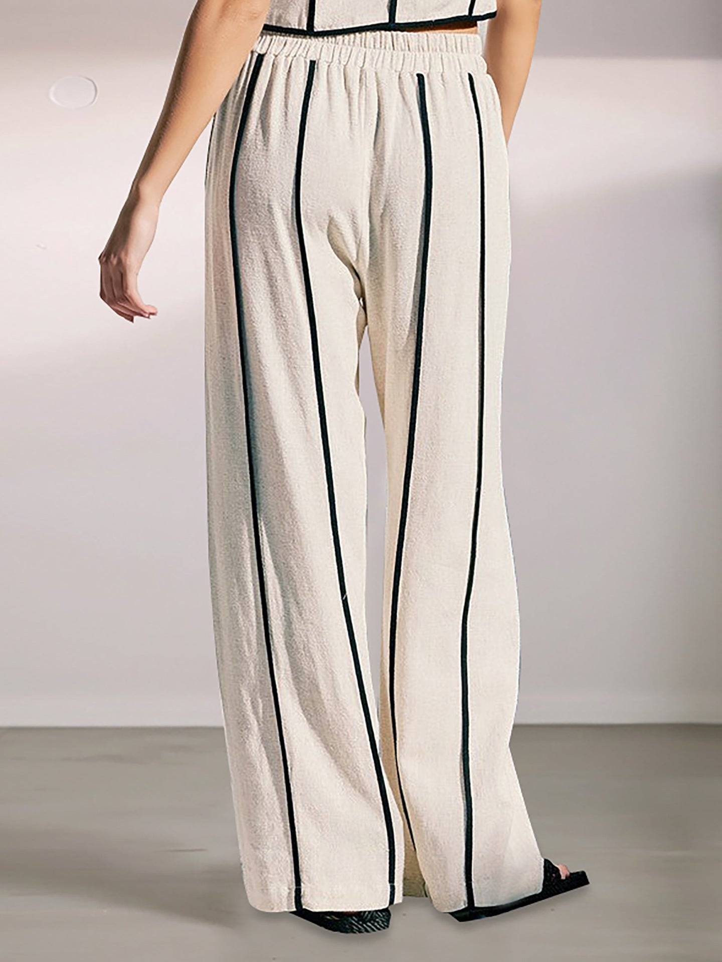 Contrast-Piped Cropped Vest & Wide-Leg Pants Set