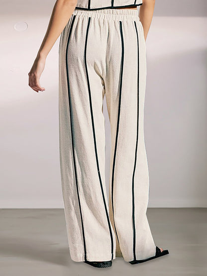 Contrast-Piped Cropped Vest & Wide-Leg Pants Set