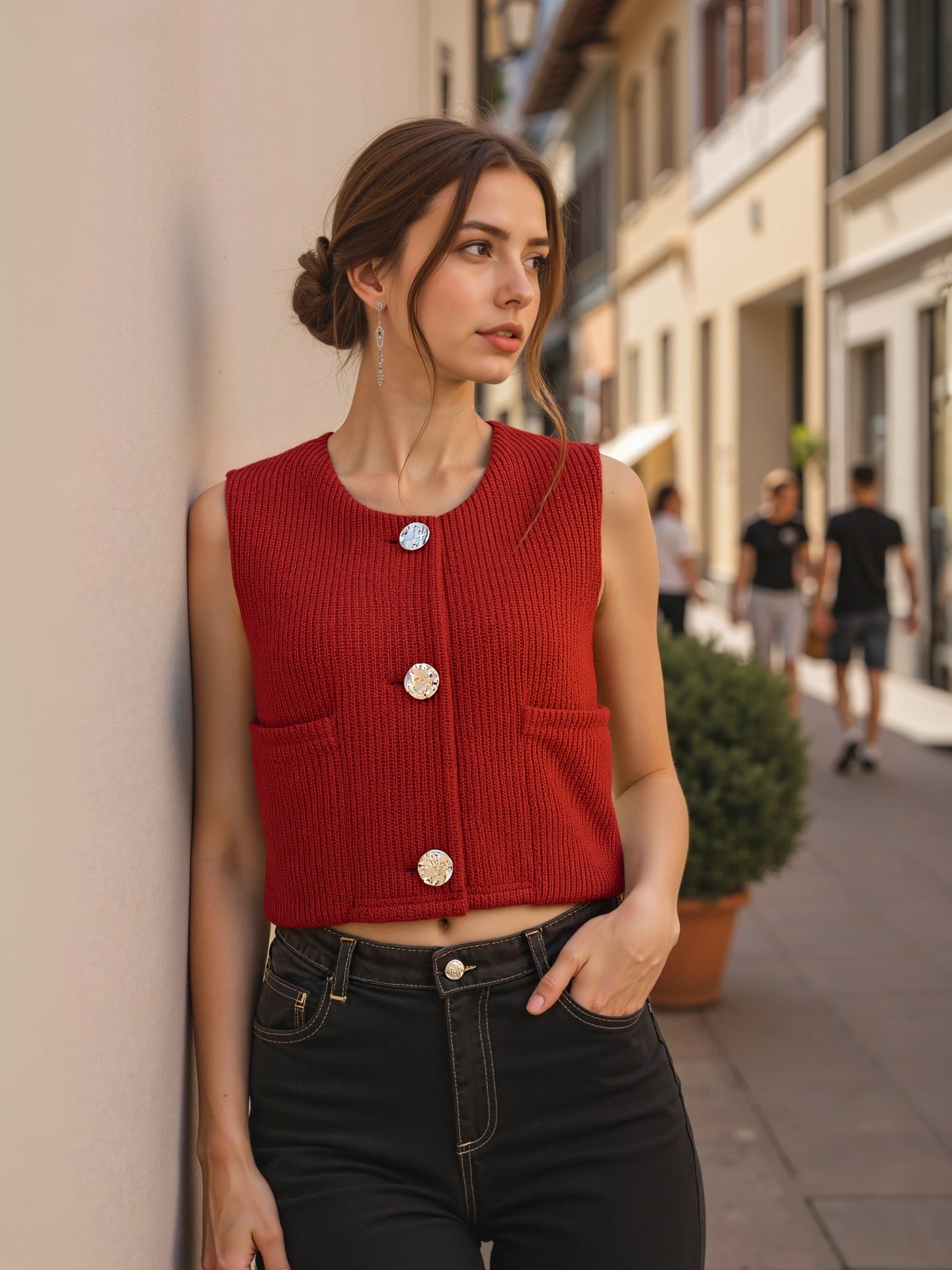 Slim Fit Cropped Knit Vest with Button Front and Crew Neck