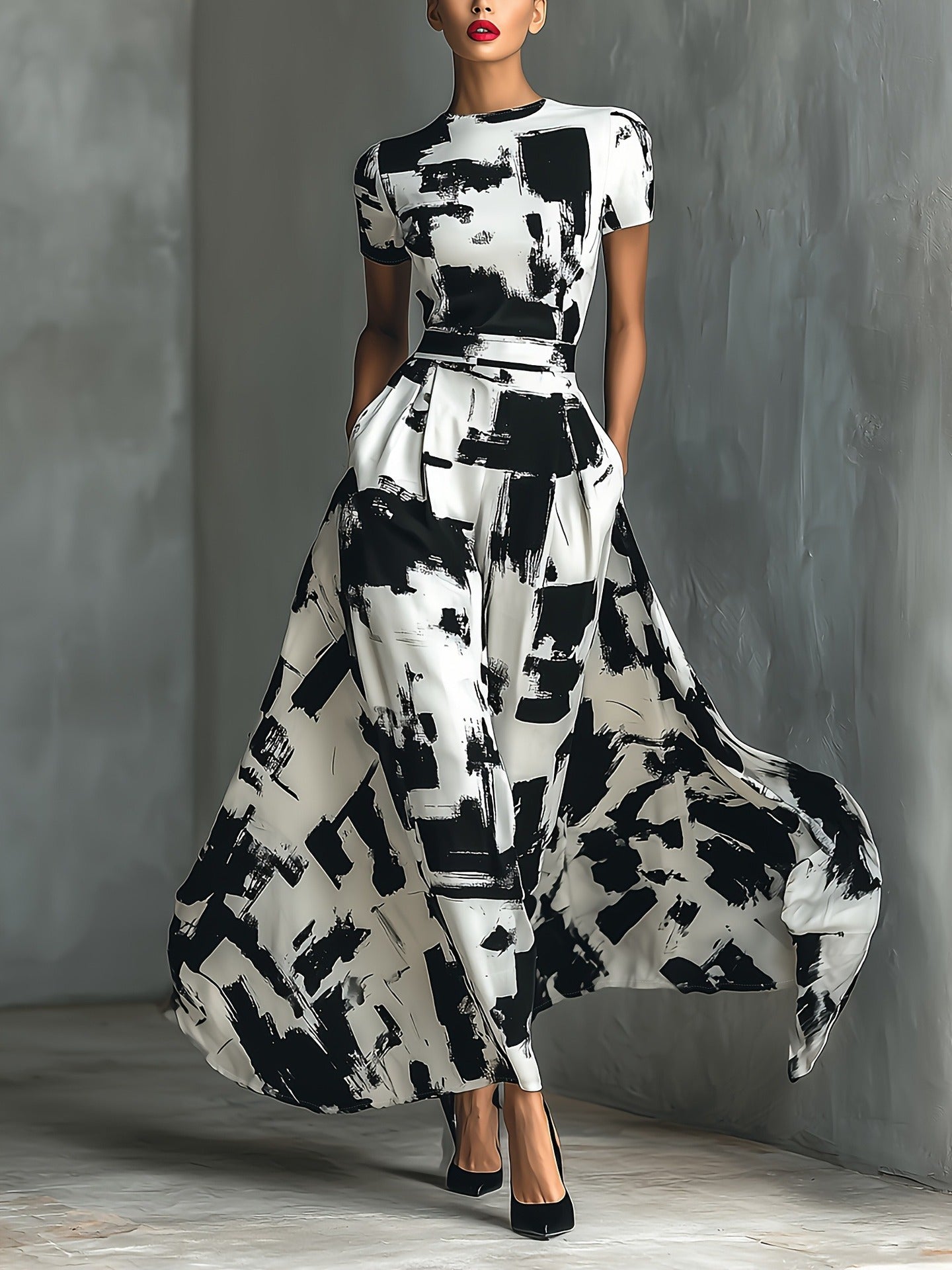 Abstract Brushstroke Print Swing Dress with High Waist