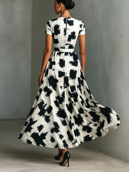 Abstract Brushstroke Print Swing Dress with High Waist