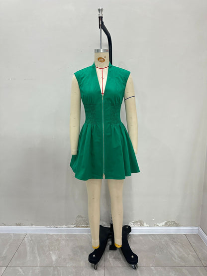 Sleeveless A-Line Dress with Front Zipper and V-Neck
