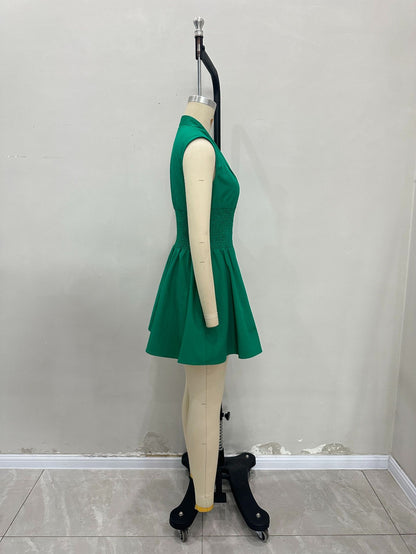 Sleeveless A-Line Dress with Front Zipper and V-Neck