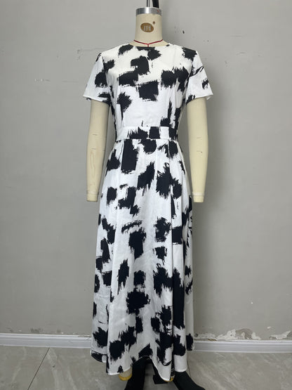 Abstract Brushstroke Print Swing Dress with High Waist