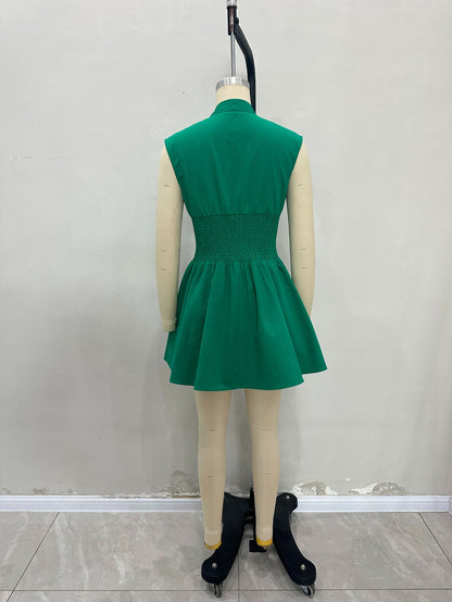 Sleeveless A-Line Dress with Front Zipper and V-Neck