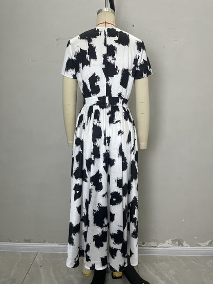 Abstract Brushstroke Print Swing Dress with High Waist