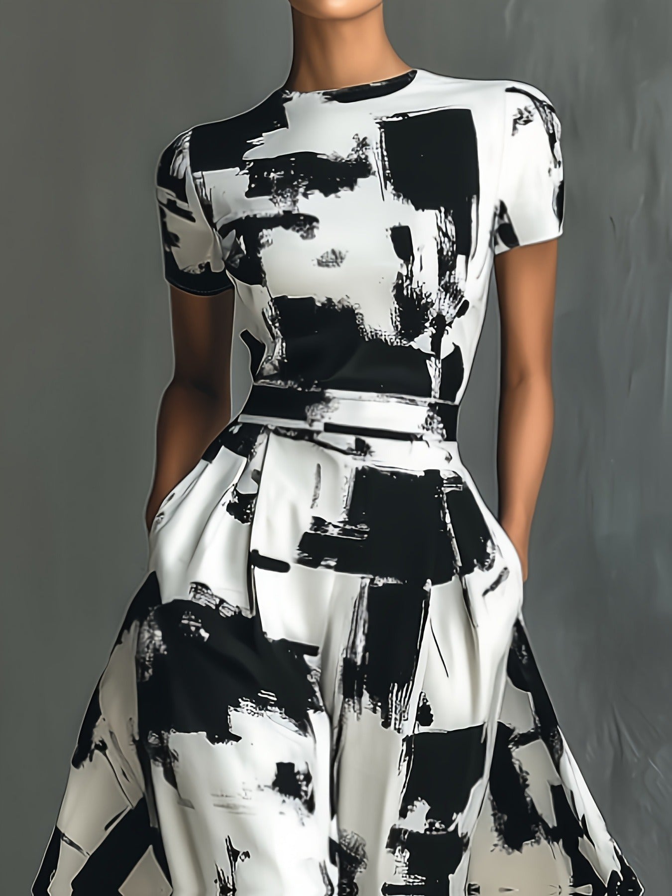 Abstract Brushstroke Print Swing Dress with High Waist