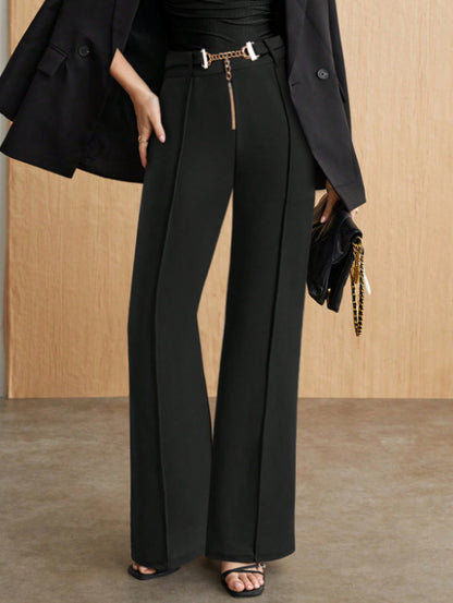 High-Waist Straight Trousers with Front Seam and Chain Belt