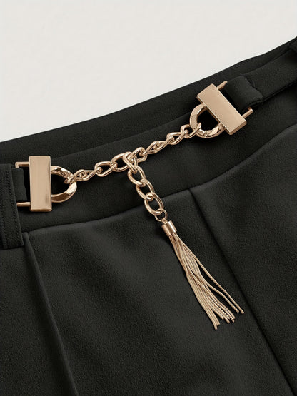 High-Waist Straight Trousers with Front Seam and Chain Belt