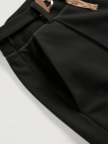 High-Waist Straight Trousers with Front Seam and Chain Belt