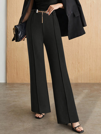 High-Waist Straight Trousers with Front Seam and Chain Belt