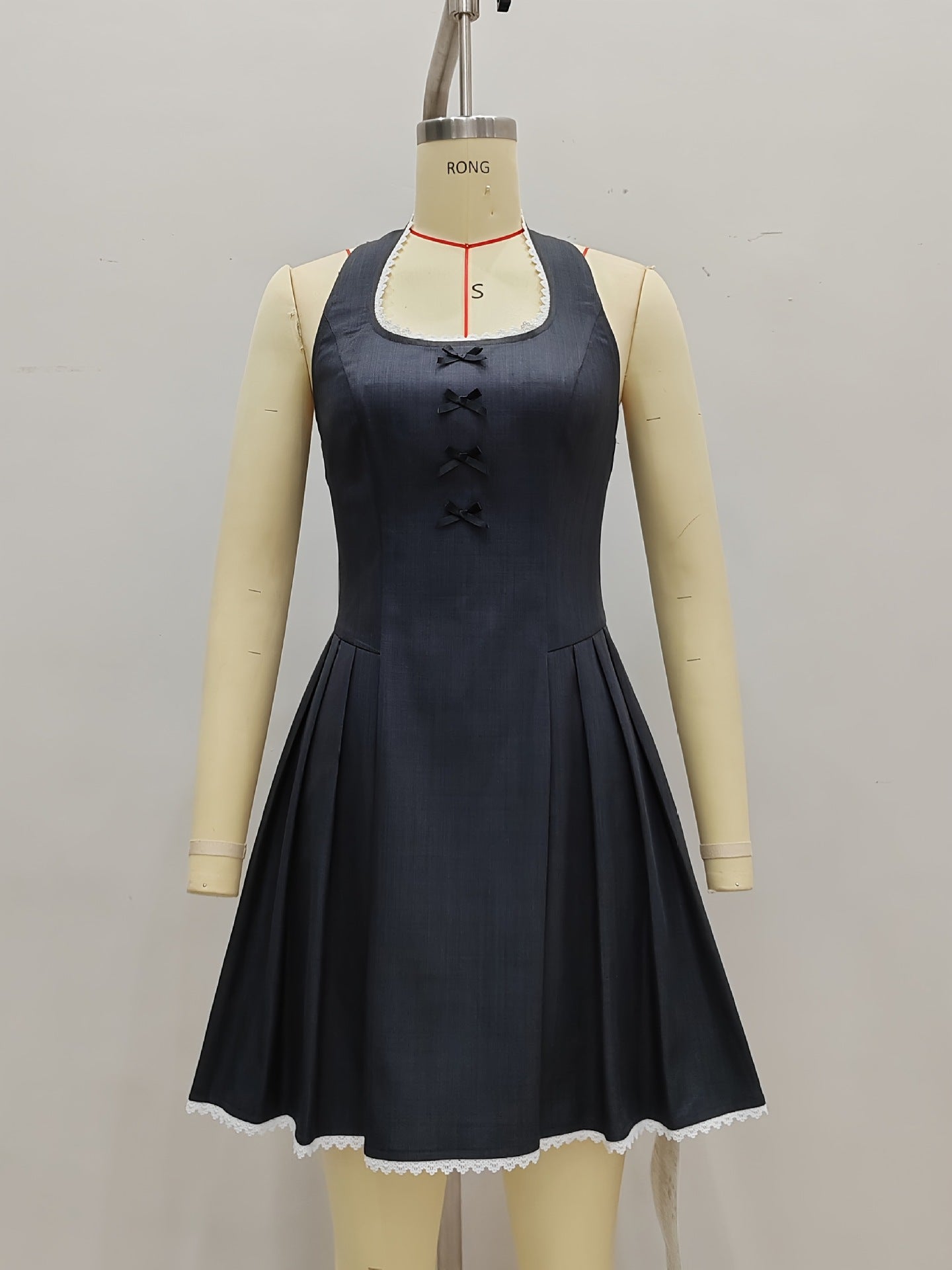 Pleated Halterneck Mini Dress with Bows and Lace Trim