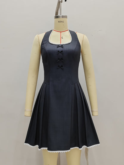 Pleated Halterneck Mini Dress with Bows and Lace Trim