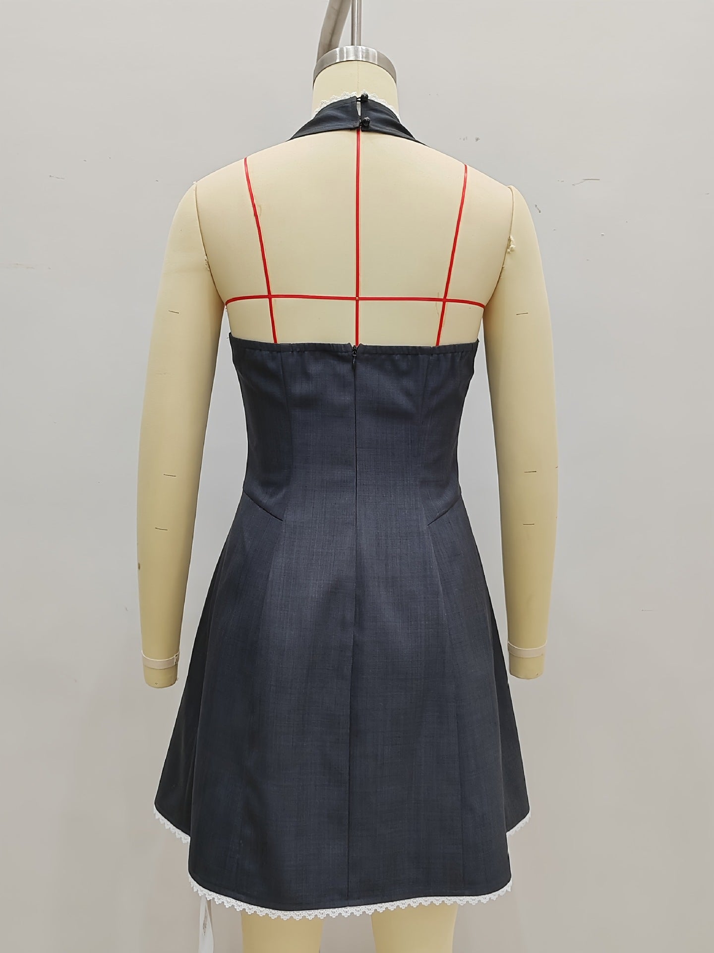 Pleated Halterneck Mini Dress with Bows and Lace Trim