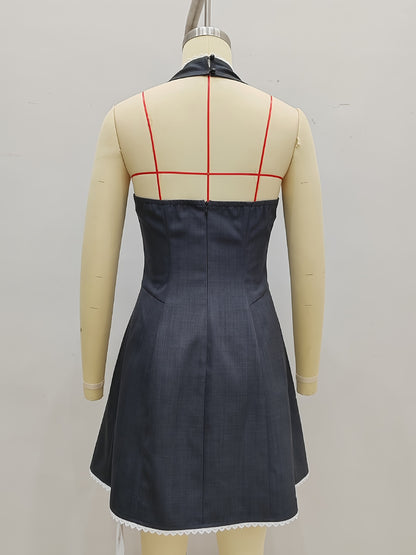 Pleated Halterneck Mini Dress with Bows and Lace Trim