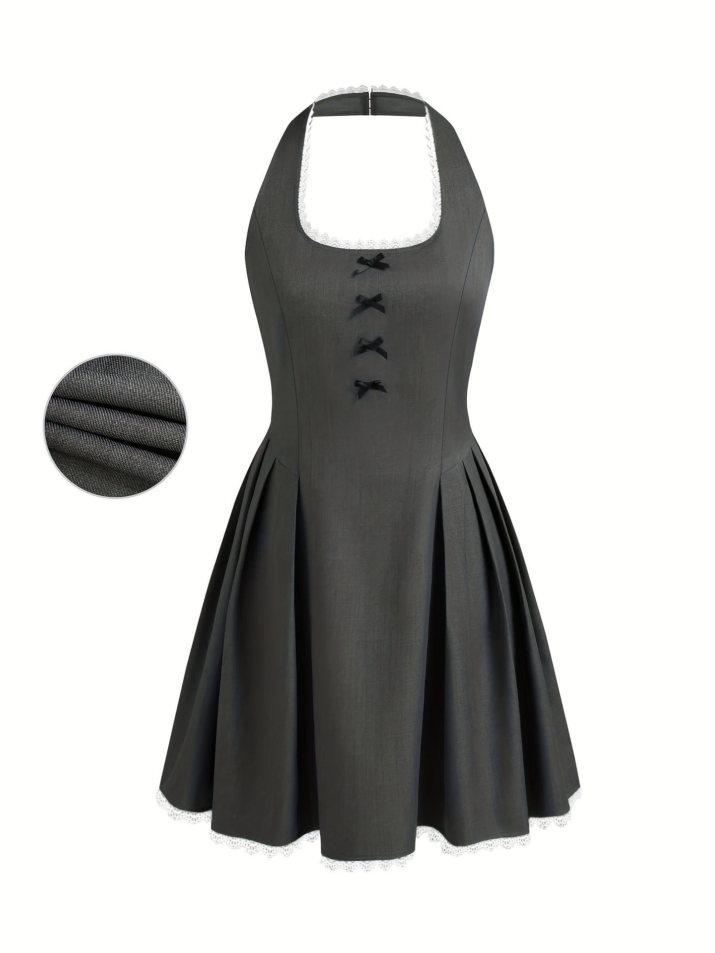 Pleated Halterneck Mini Dress with Bows and Lace Trim