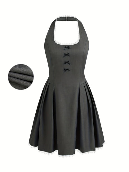 Pleated Halterneck Mini Dress with Bows and Lace Trim