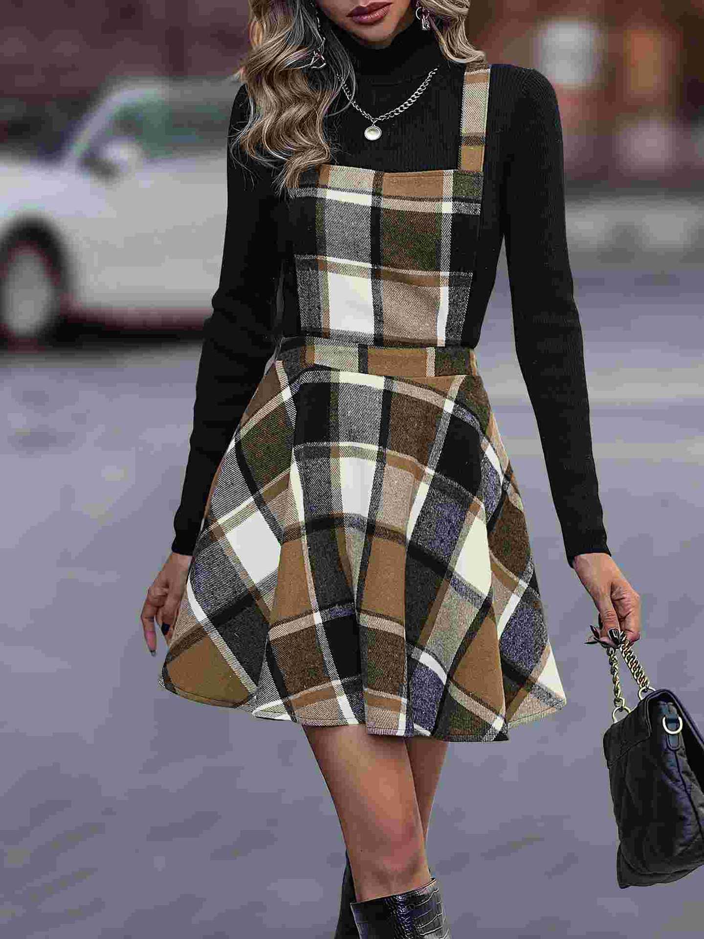 Plaid A-Line Pinafore Dress with Adjustable Straps
