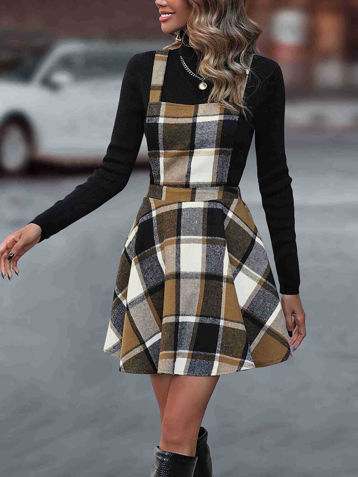 Plaid A-Line Pinafore Dress with Adjustable Straps