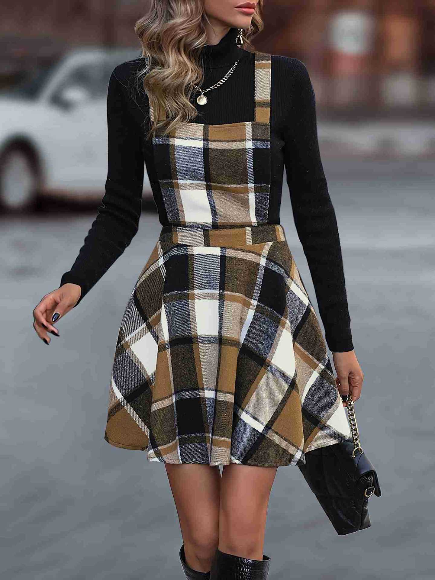 Plaid A-Line Pinafore Dress with Adjustable Straps