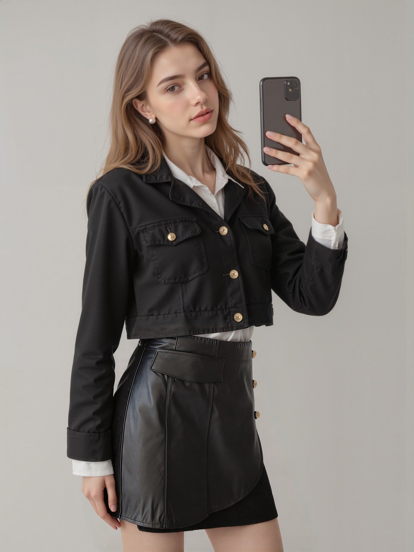 Spliced Faux Leather Mini Skirt with Asymmetrical Wrap and Buttons