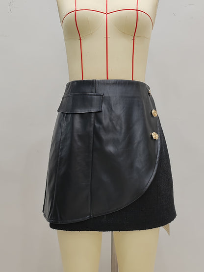 Spliced Faux Leather Mini Skirt with Asymmetrical Wrap and Buttons