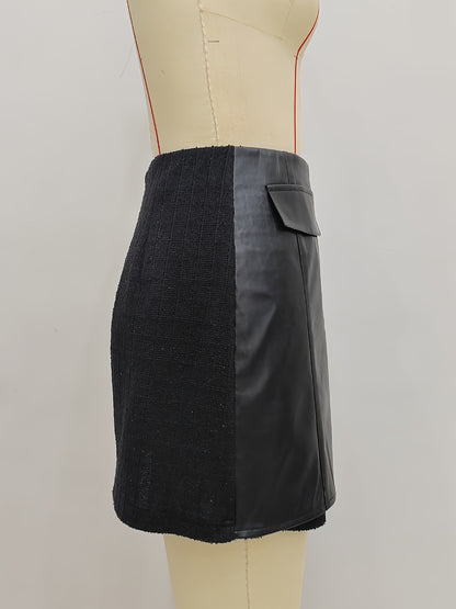 Spliced Faux Leather Mini Skirt with Asymmetrical Wrap and Buttons
