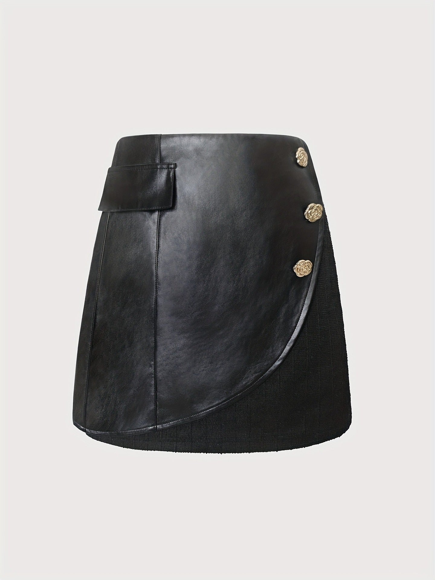 Spliced Faux Leather Mini Skirt with Asymmetrical Wrap and Buttons