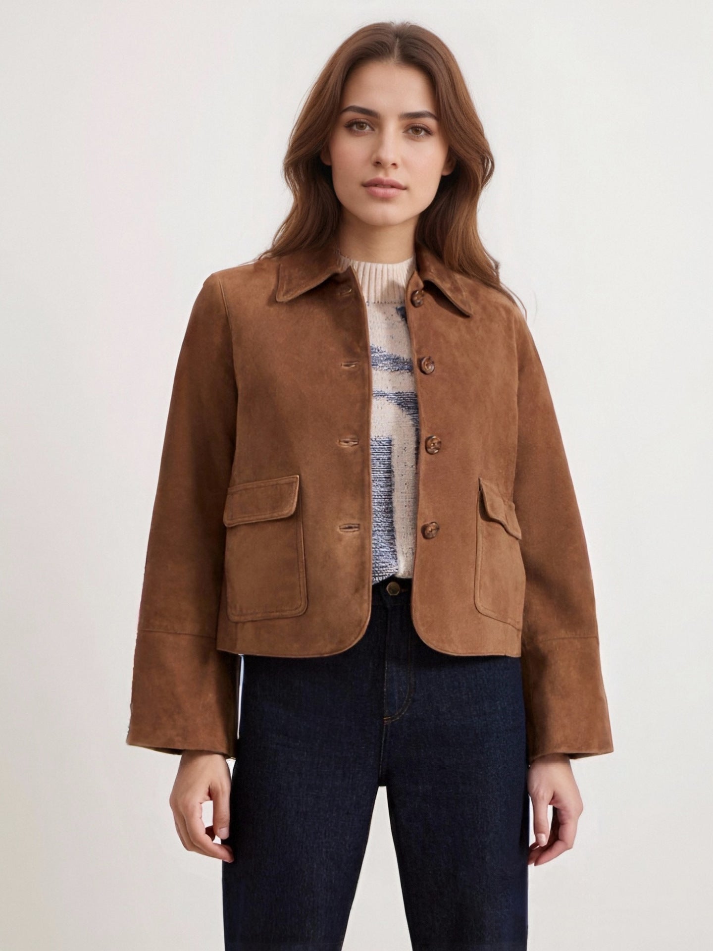Cropped Suede Jacket with Lapel Collar and Flared Sleeves